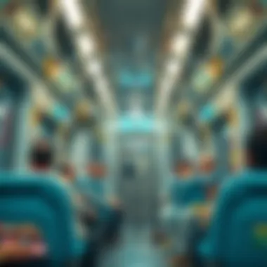 Interior view of a modern metro train with passengers enjoying a comfortable ride