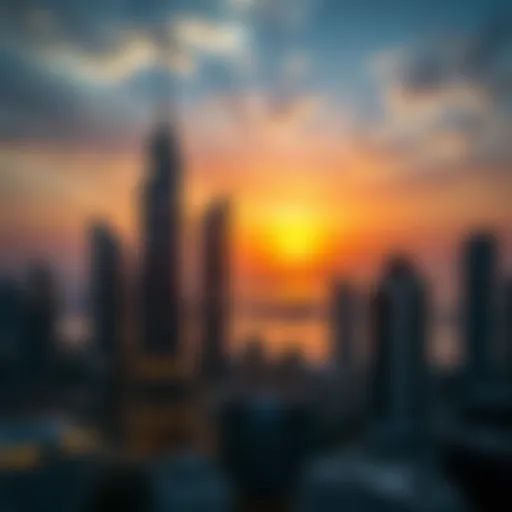 Panoramic view of Jumeirah Lake Towers at sunset