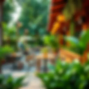 A vibrant outdoor seating area of Mamis Illam, inviting guests to enjoy a memorable dining experience amidst lush greenery.