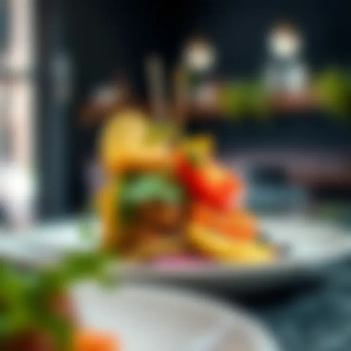 A close-up of a signature plant-based dish highlighting fresh ingredients and artistic presentation that showcases Mamis Illam's culinary philosophy.