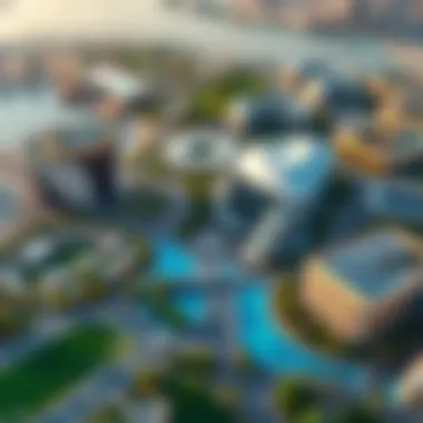 Aerial view of Meydan City showcasing its modern architecture and lush landscapes.