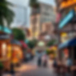 A vibrant street in Muraqqabat showcasing various restaurants