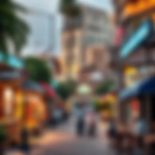 A vibrant street in Muraqqabat showcasing various restaurants