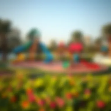 Panoramic View of Mushrif Park Play Area A panoramic view of the Mushrif Park Play Area highlighting its vibrant playground equipment and lush greenery.