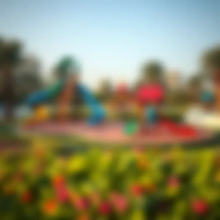 Panoramic View of Mushrif Park Play Area A panoramic view of the Mushrif Park Play Area highlighting its vibrant playground equipment and lush greenery.