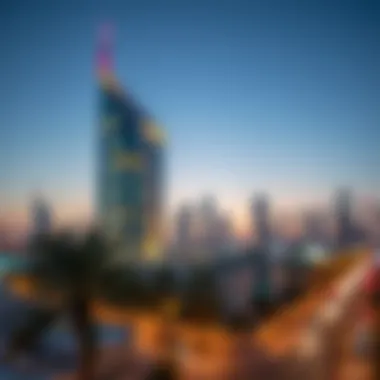 Nasir Building Illuminated at Night Evening view of the Nasir Building illuminated against the Dubai skyline