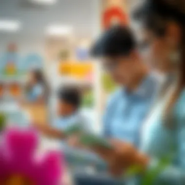 Parents discussing nursery options while reviewing brochures and information.