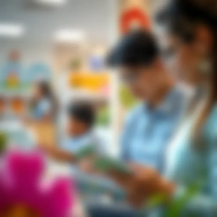 Parents discussing nursery options while reviewing brochures and information.