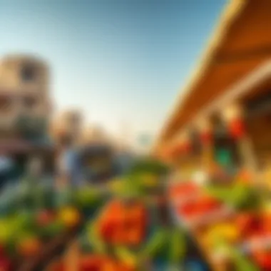 Panoramic View of Ras Al Khor Vegetable Market A panoramic view of Ras Al Khor Vegetable Market showcasing vibrant produce stalls.