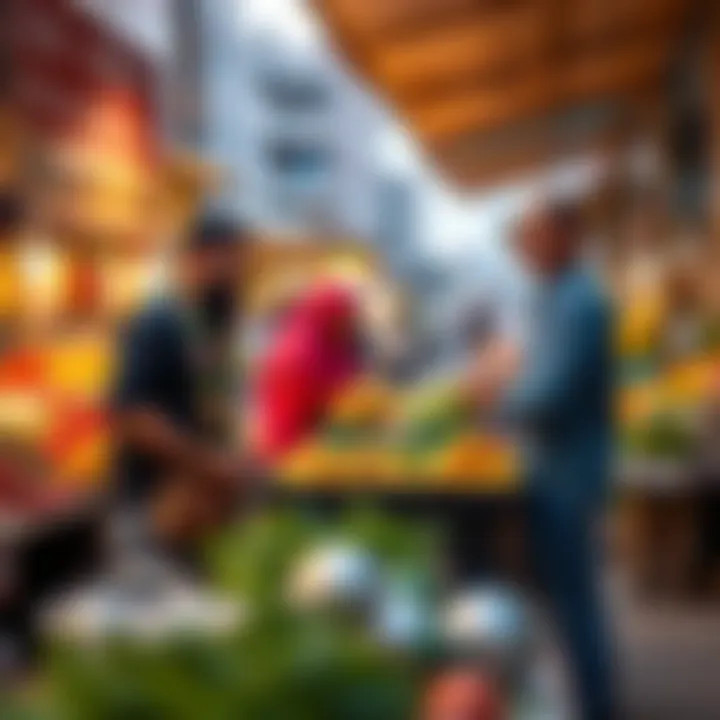 Marketplace Interaction at Ras Al Khor An engaging marketplace scene with vendors interacting and offering their goods.