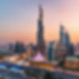 A stunning view of Riah Tower showcasing its architectural elegance against the Dubai skyline