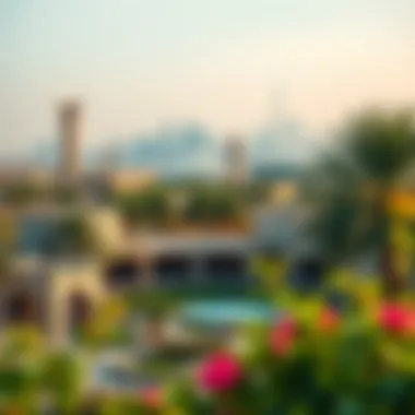 An overview of Satwa Park with the Dubai skyline in the background