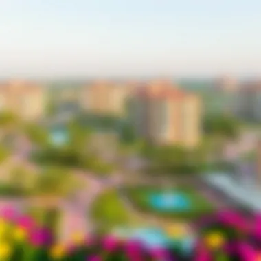 An illustration of the vibrant community life in Silicon Oasis with parks and recreational areas.