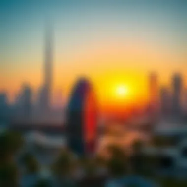 Vibrant sunset illuminating the Wasl Quartz structure against the Dubai skyline