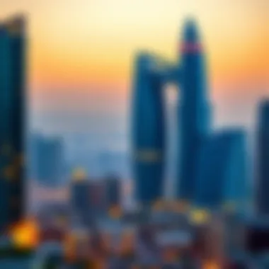 A panoramic view of the Crystal Blue Building against the Dubai skyline at sunset