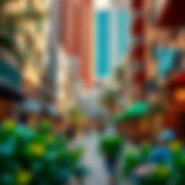 Vibrant neighborhood life surrounding the Flamingo Building with local shops and cafes