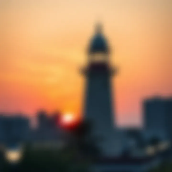 Sunset Serenity: The Lighthouse A vibrant sunset backdrop highlighting the Lighthouse, symbolizing creativity in Dubai.