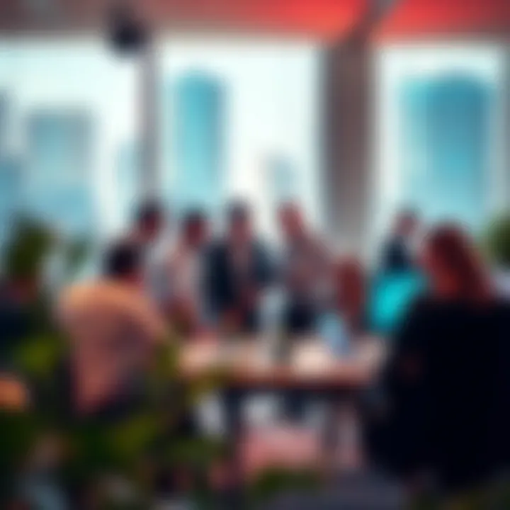 Business professionals collaborating in a modern office space within Dubai Media City