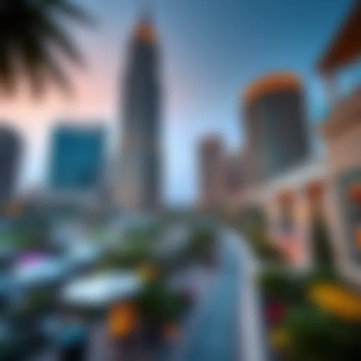 Panoramic scene of the vibrant lifestyle around Jumeirah Lake Towers with parks and amenities