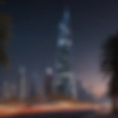 Manal Tower at Night - A Dubai Landmark Night view of the Manal Tower illuminated against the Dubai skyline