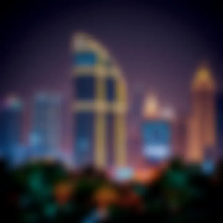 Nighttime view of the Mashael Building illuminated against the Dubai skyline