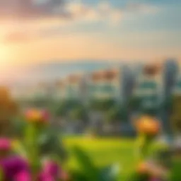 A scenic view of The Meadows Village showcasing lush greenery and modern architecture