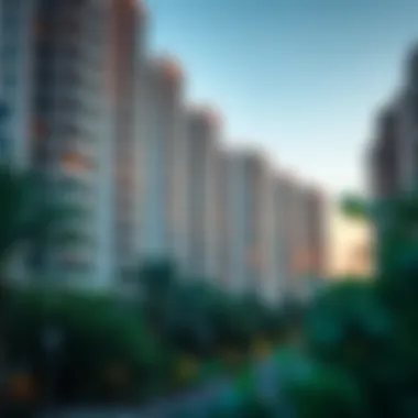 Residential Complexes in Dubai Festival City Modern residential buildings in Dubai Festival City surrounded by greenery