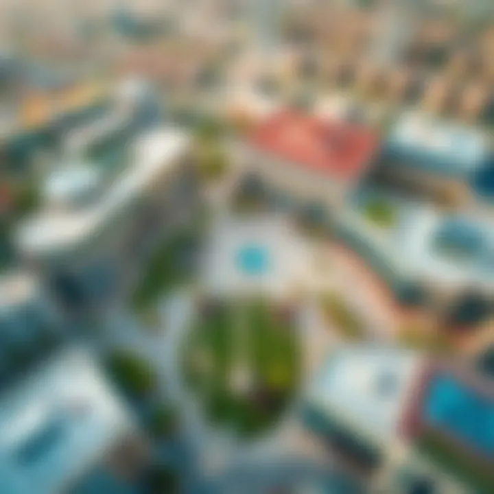 Aerial view of Town Square Dubai showcasing its modern architecture and lush green spaces.