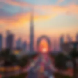 Scenic view of Dubai's skyline at sunset