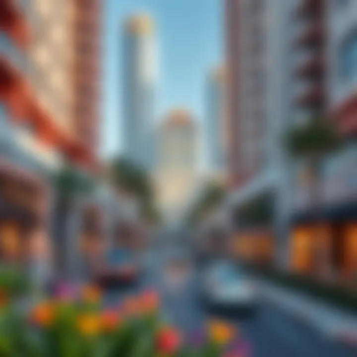 A vibrant neighborhood scene around Wasl Square Apartments showcasing local attractions