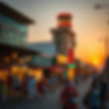 Vibrant community atmosphere in West Zone Al Khail Gate captured during sunset