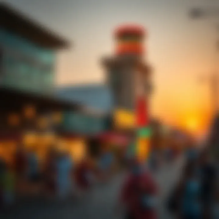 Vibrant community atmosphere in West Zone Al Khail Gate captured during sunset