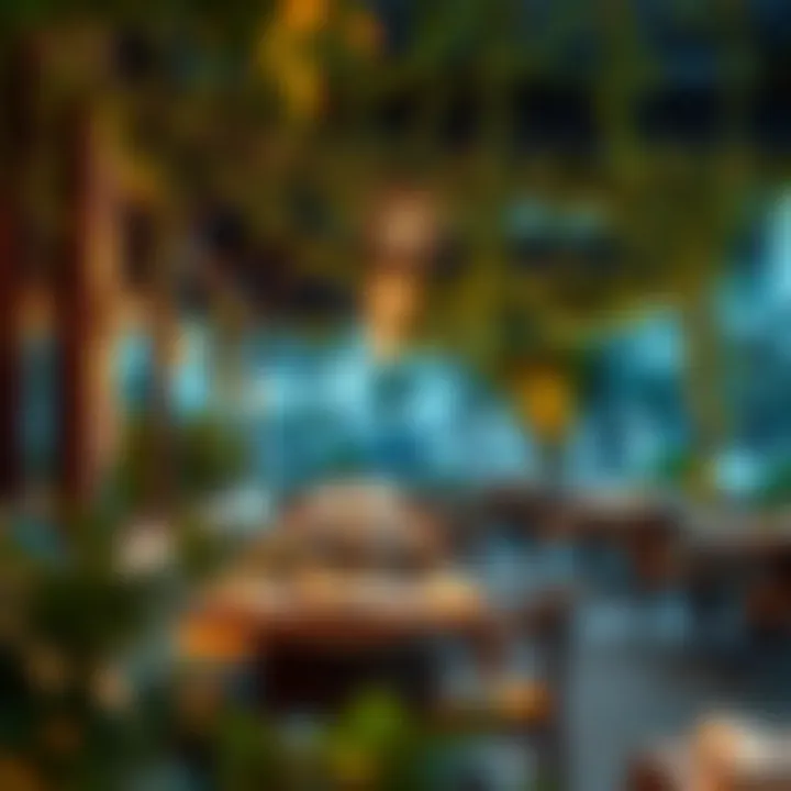 An inviting outdoor seating area adorned with greenery, creating a serene dining atmosphere.