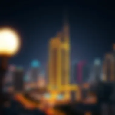 Night view of Hudaiba Building illuminated against the Dubai skyline