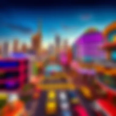 A panoramic view showcasing the vibrant architecture of International City