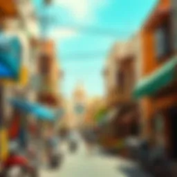 A vibrant street scene showcasing Jabalali's unique architecture