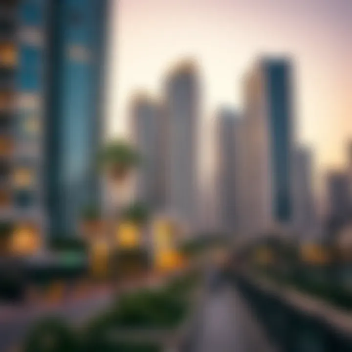 Modern residential and commercial buildings in Jumeirah Lake Towers with bustling activity