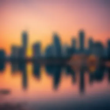 Fiery sunset over the lakes of Jumeirah Lake Towers reflecting the skyline