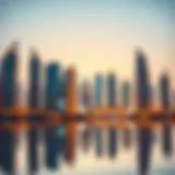 Stunning skyline view of Lake Towers with reflections on the water