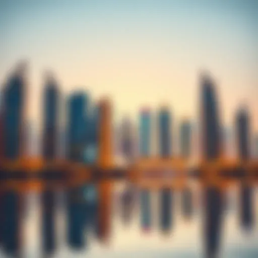 Stunning skyline view of Lake Towers with reflections on the water