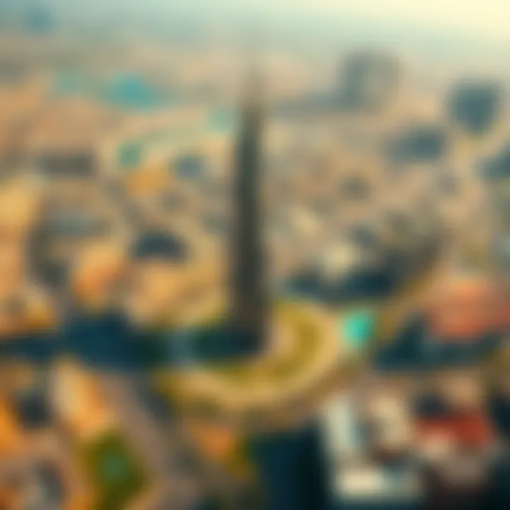 Aerial View of Latifa Tower and Urban Integration Aerial perspective of Latifa Tower and its surrounding urban landscape