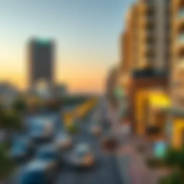 A panoramic view of Lootah Avenue's urban landscape during golden hour