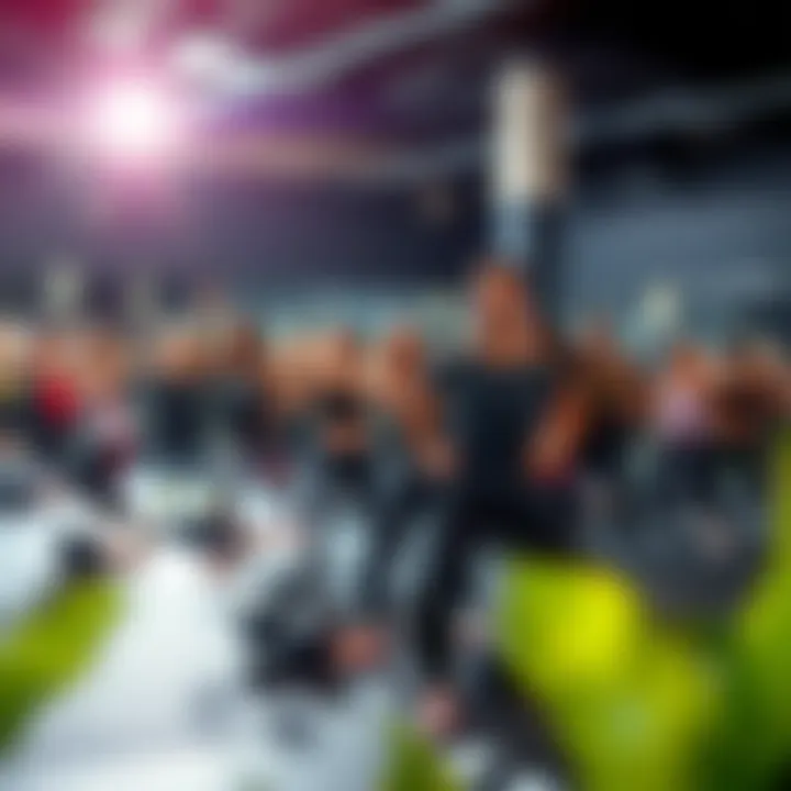 A vibrant group fitness class in action with enthusiastic participants