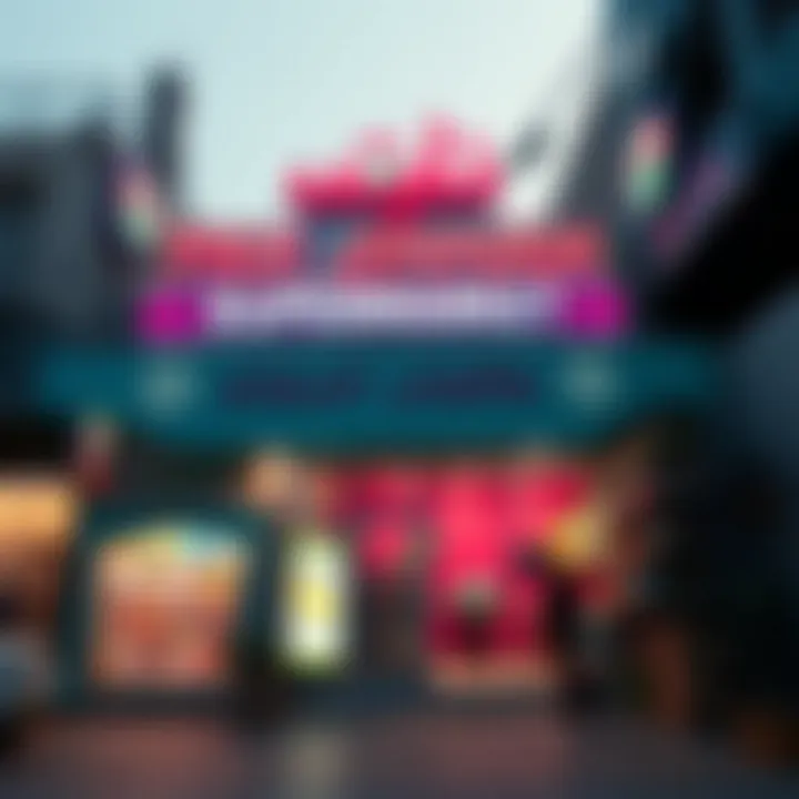 Exterior view of Pak Jinnah Supermarket showcasing vibrant signage