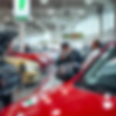 Inspection of vehicles in a bustling dealership