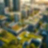 Innovative Urban Design in Sanderson's Sustainable City Aerial view of Sanderson's Sustainable City showcasing green rooftops and solar panels