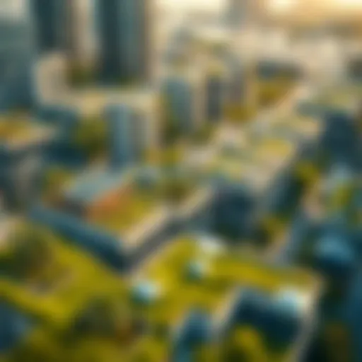 Innovative Urban Design in Sanderson's Sustainable City Aerial view of Sanderson's Sustainable City showcasing green rooftops and solar panels