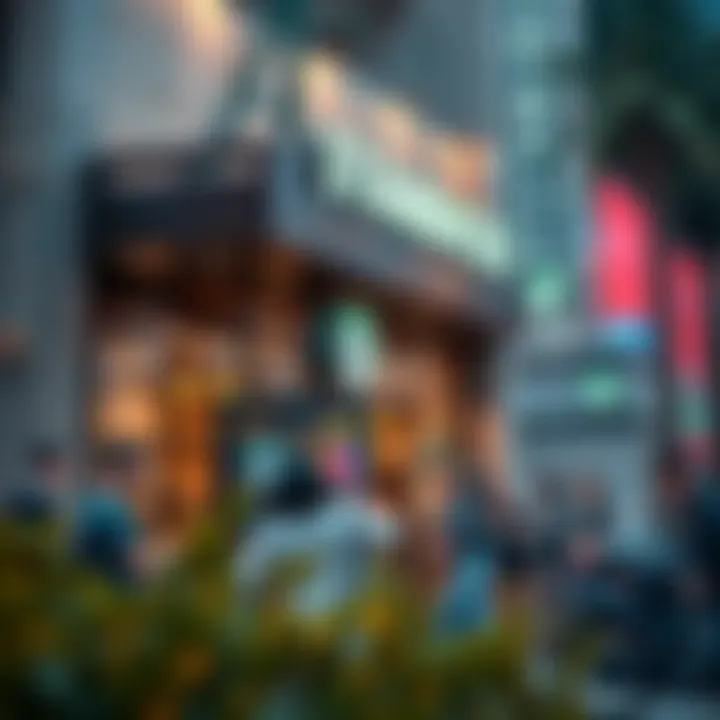 Community Engagement at Starbucks A bustling scene outside Starbucks, representing community engagement and social interaction