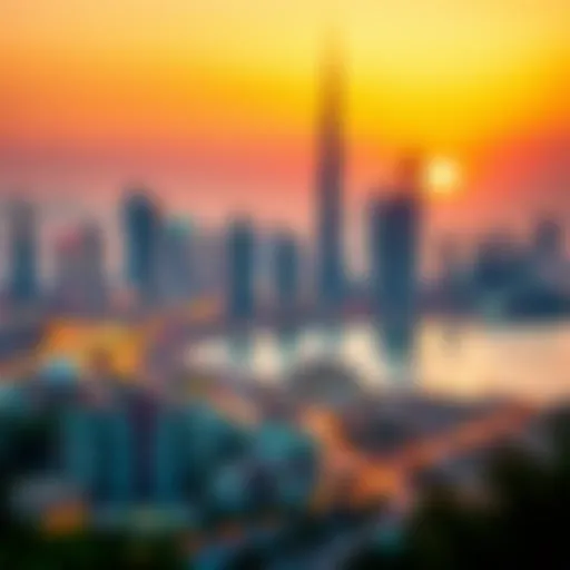 A panoramic view of Dubai's skyline at sunset showcasing modern architecture