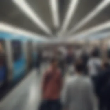 A busy metro station in Dubai filled with commuters